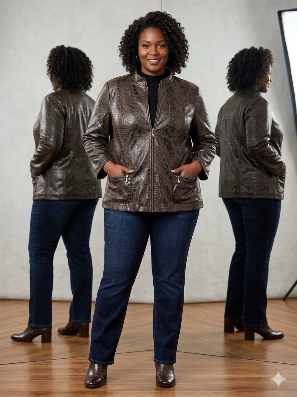 Notations Metallic Brown Alligator Print Plus-Size Faux Leather Jacket 3X | NWOT